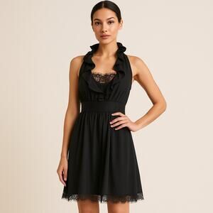 White House Black Market Sz 4 Halter Neck Ruffle Silk Dress Black Lace Cocktail